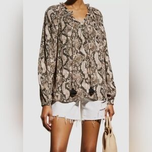Figue Lilah Beige Snakeskin Print Blouse Womens Medium Long Puff Sleeves Tassel